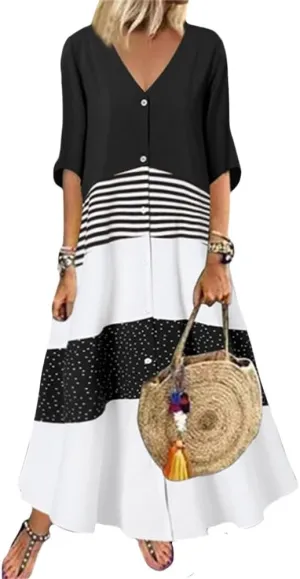 2024 Womens Summer Loose Fit Maxi Dress V Neck Half Sleeve Striped Print Long Dresses with Buttons