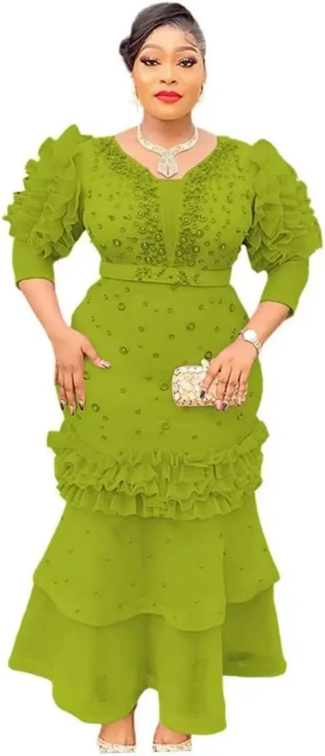 Adhdyuud Womens Ruffle Sleeve Tiered Maxi Dress Elegant V Neck Slim Fit Embellished Evening Formal Gown
