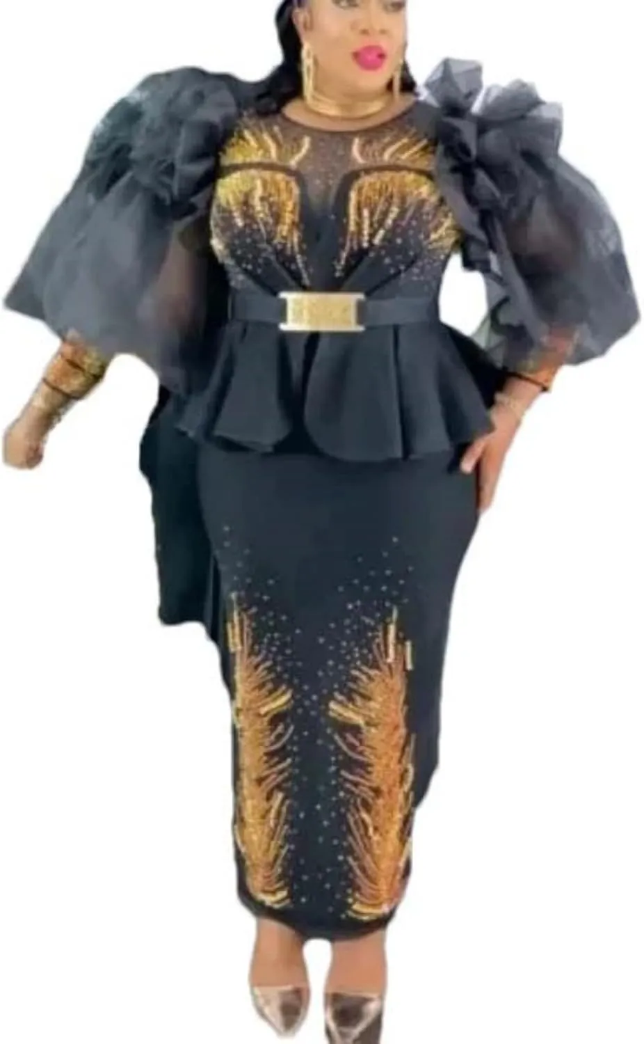 Adhdyuud Womens Ruffle Sleeve Tiered Maxi Dress Elegant V Neck Slim Fit Embellished Evening Formal Gown