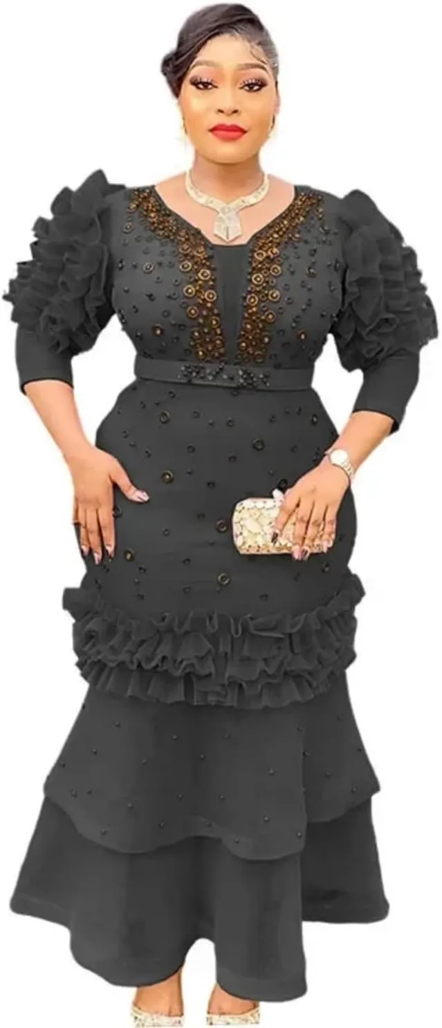 Adhdyuud Womens Ruffle Sleeve Tiered Maxi Dress Elegant V Neck Slim Fit Embellished Evening Formal Gown