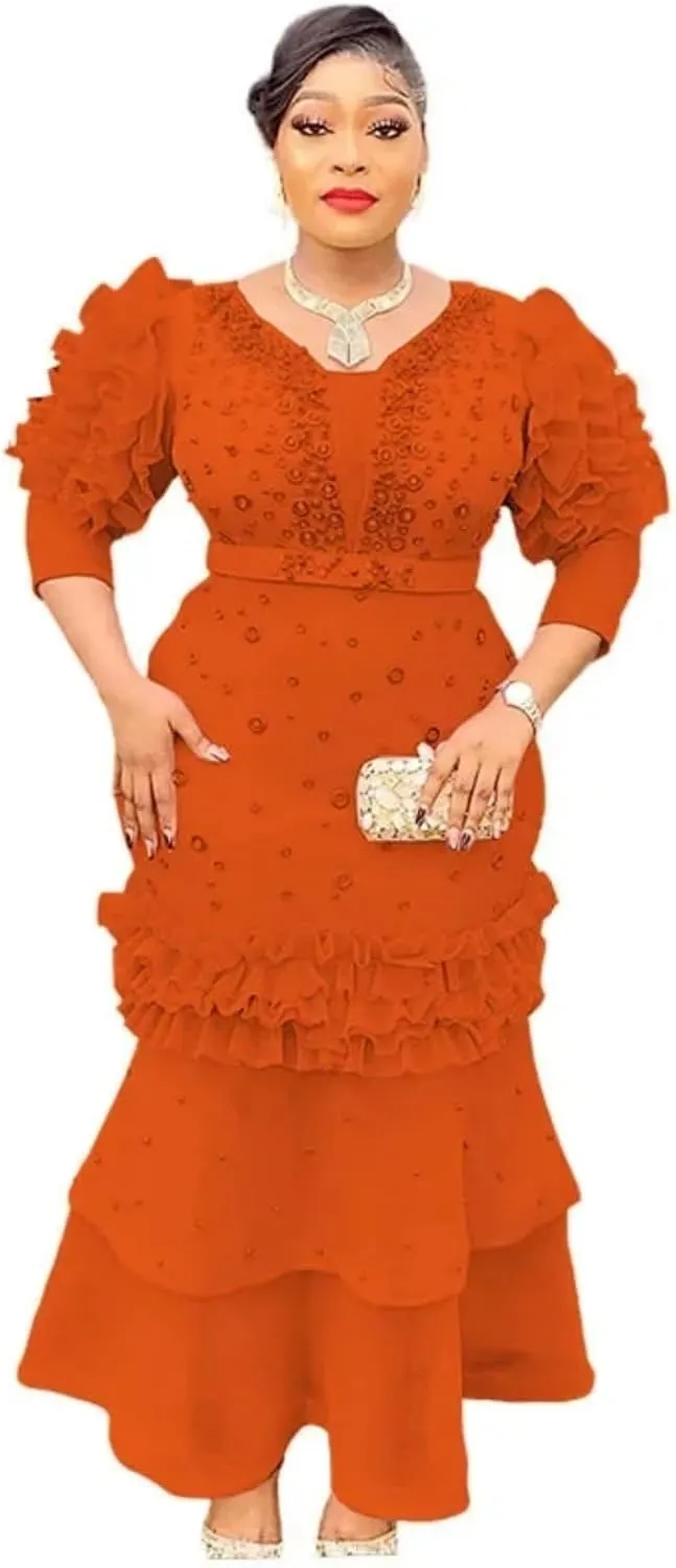 Adhdyuud Womens Ruffle Sleeve Tiered Maxi Dress Elegant V Neck Slim Fit Embellished Evening Formal Gown