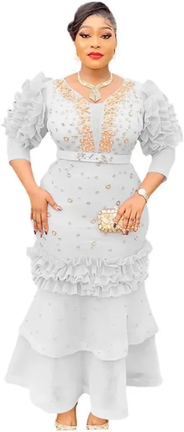 Adhdyuud Womens Ruffle Sleeve Tiered Maxi Dress Elegant V Neck Slim Fit Embellished Evening Formal Gown