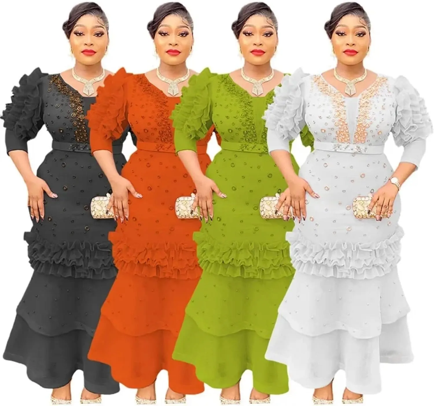 Adhdyuud Womens Ruffle Sleeve Tiered Maxi Dress Elegant V Neck Slim Fit Embellished Evening Formal Gown