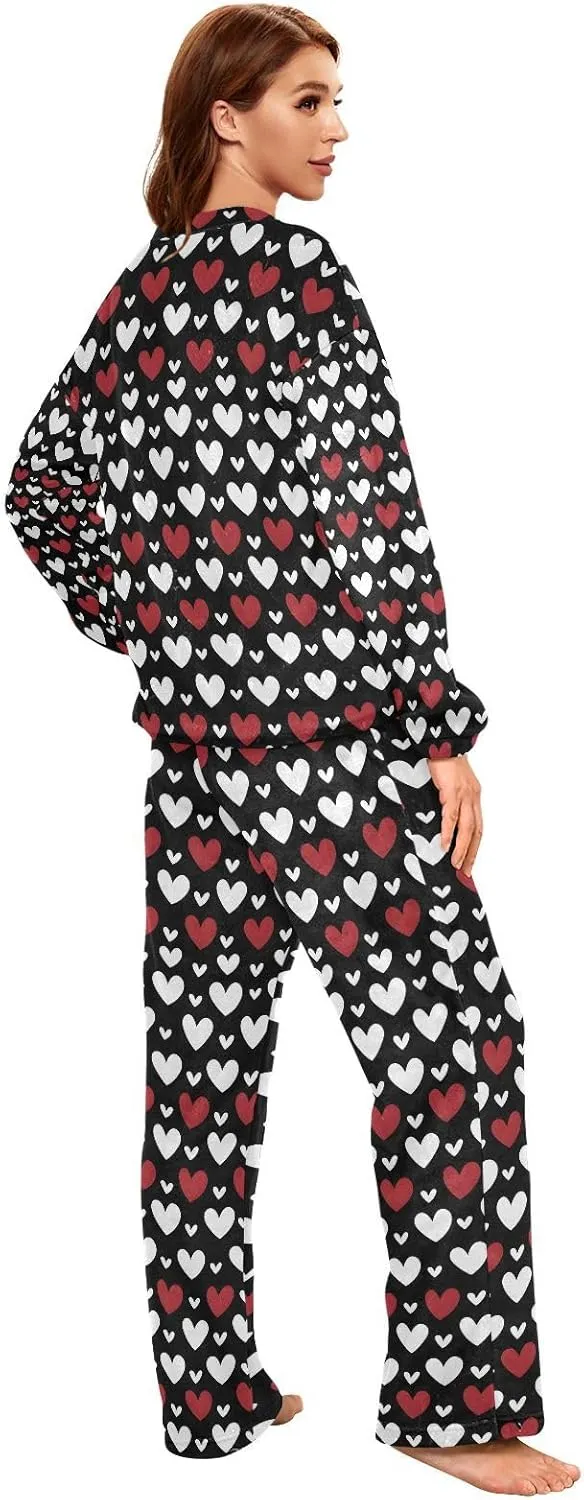 ALAZA White and Red Hearts Texture Women's Pajama Set Long Sleeve Top Drawstring Pockets Pants Warm Cozy Loungewear,S