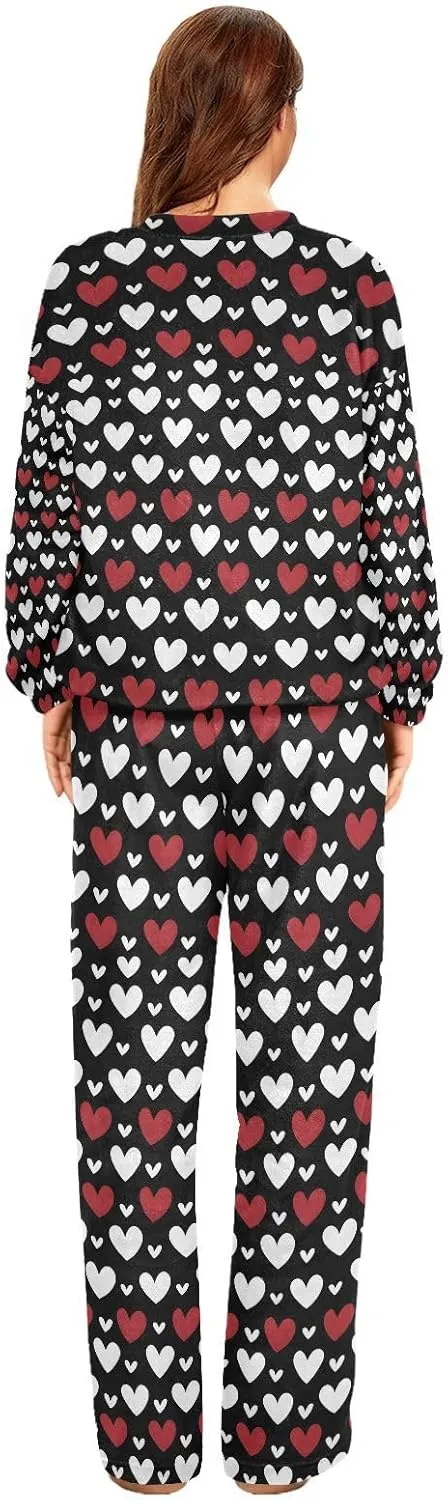 ALAZA White and Red Hearts Texture Women's Pajama Set Long Sleeve Top Drawstring Pockets Pants Warm Cozy Loungewear,S