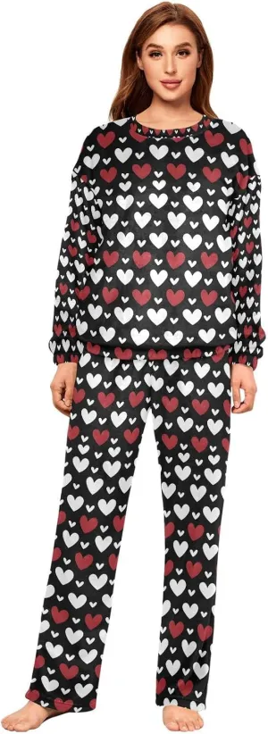 ALAZA White and Red Hearts Texture Women's Pajama Set Long Sleeve Top Drawstring Pockets Pants Warm Cozy Loungewear,S