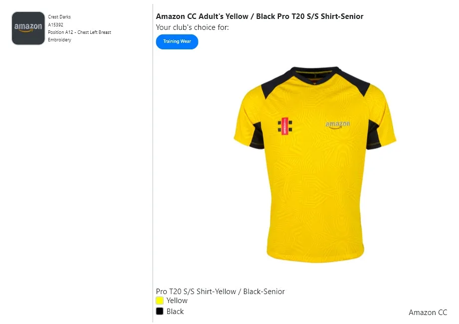 Amazon CC Adult's Yellow / Black Pro T20 S/S Shirt-Senior
