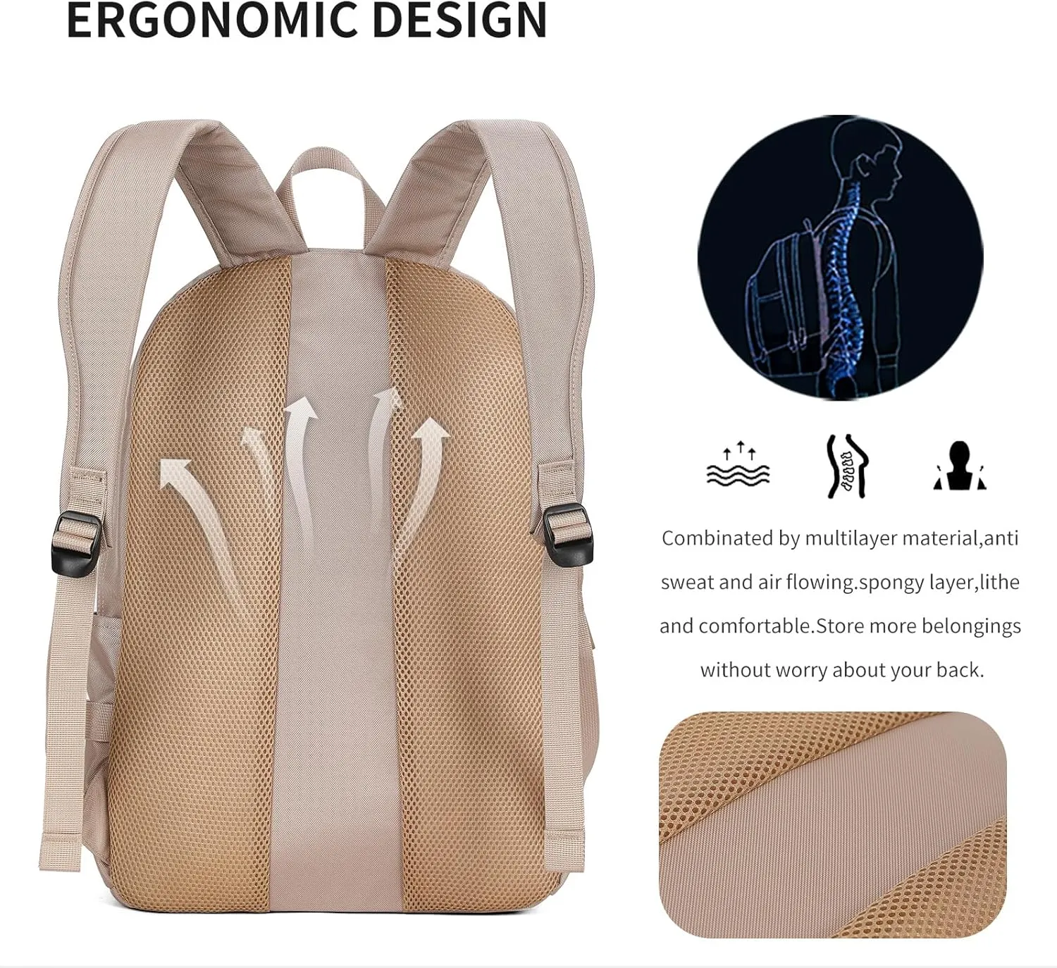 AOKING Large Travel Backpack for Women, Lightweight Laptop Commuter Backpack, Stylish Daypacks for Work, Mochilas De Mujer(Khaki)