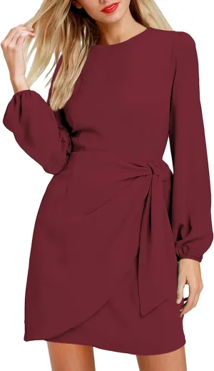 AOOKSMERY Women's Elegant Long Sleeve Tie-Front Skater Dress Wrap Party Cocktail Mini Dresses
