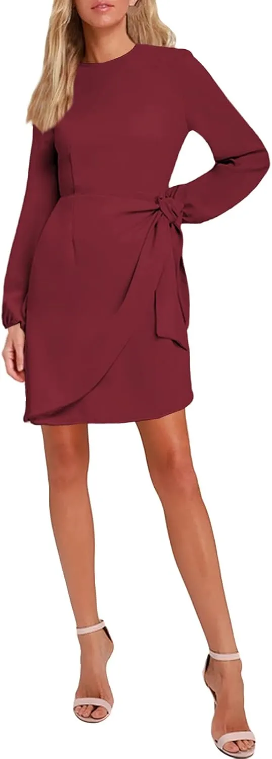 AOOKSMERY Women's Elegant Long Sleeve Tie-Front Skater Dress Wrap Party Cocktail Mini Dresses