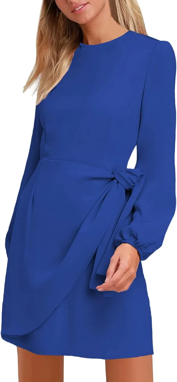 AOOKSMERY Women's Elegant Long Sleeve Tie-Front Skater Dress Wrap Party Cocktail Mini Dresses