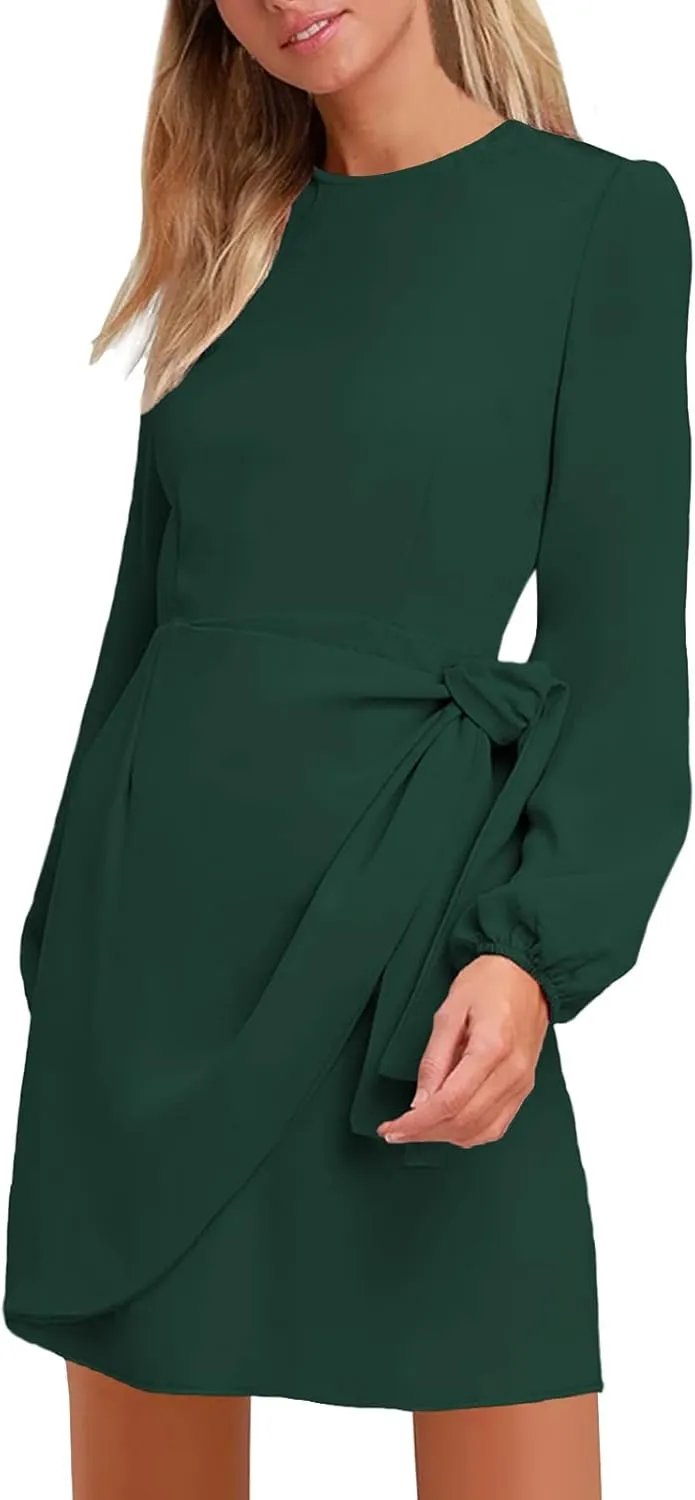 AOOKSMERY Women's Elegant Long Sleeve Tie-Front Skater Dress Wrap Party Cocktail Mini Dresses