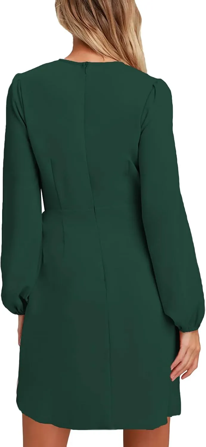 AOOKSMERY Women's Elegant Long Sleeve Tie-Front Skater Dress Wrap Party Cocktail Mini Dresses