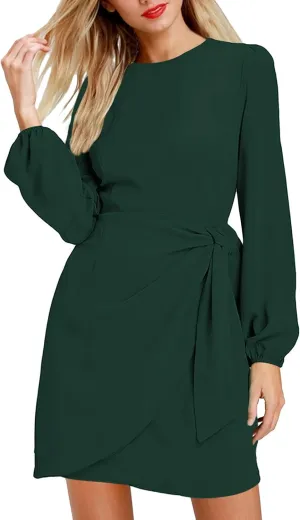 AOOKSMERY Women's Elegant Long Sleeve Tie-Front Skater Dress Wrap Party Cocktail Mini Dresses