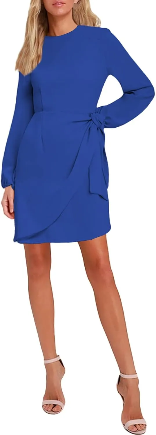 AOOKSMERY Women's Elegant Long Sleeve Tie-Front Skater Dress Wrap Party Cocktail Mini Dresses