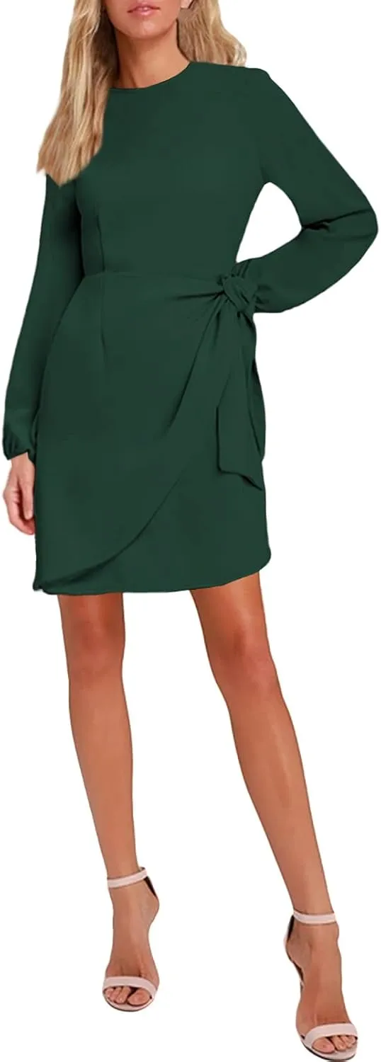 AOOKSMERY Women's Elegant Long Sleeve Tie-Front Skater Dress Wrap Party Cocktail Mini Dresses