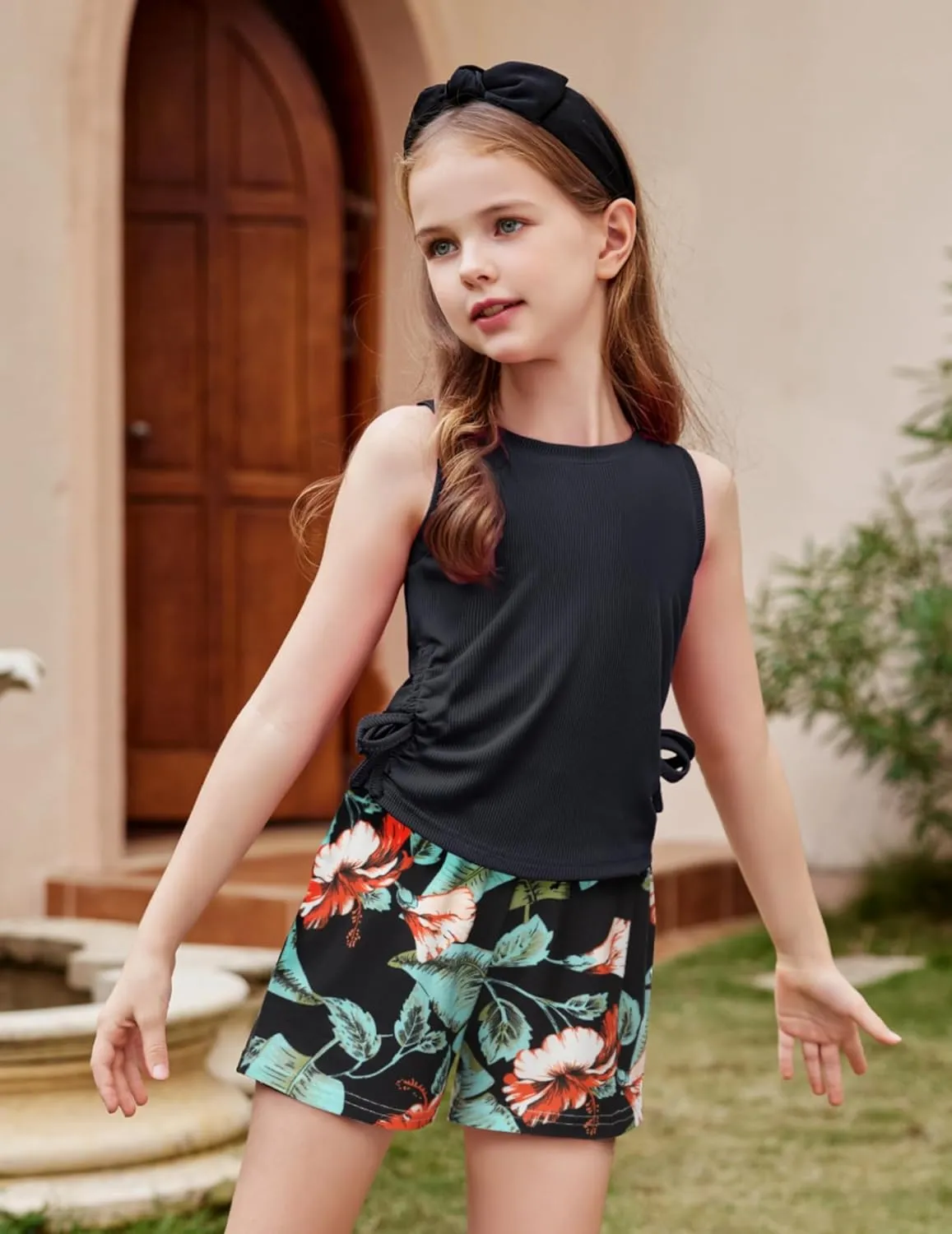 Arshiner Girls Summer Clothing Sets 2 Piece Outfits Knit Ruched Knot Side Tank Top and High Waist Shorts with Pockets