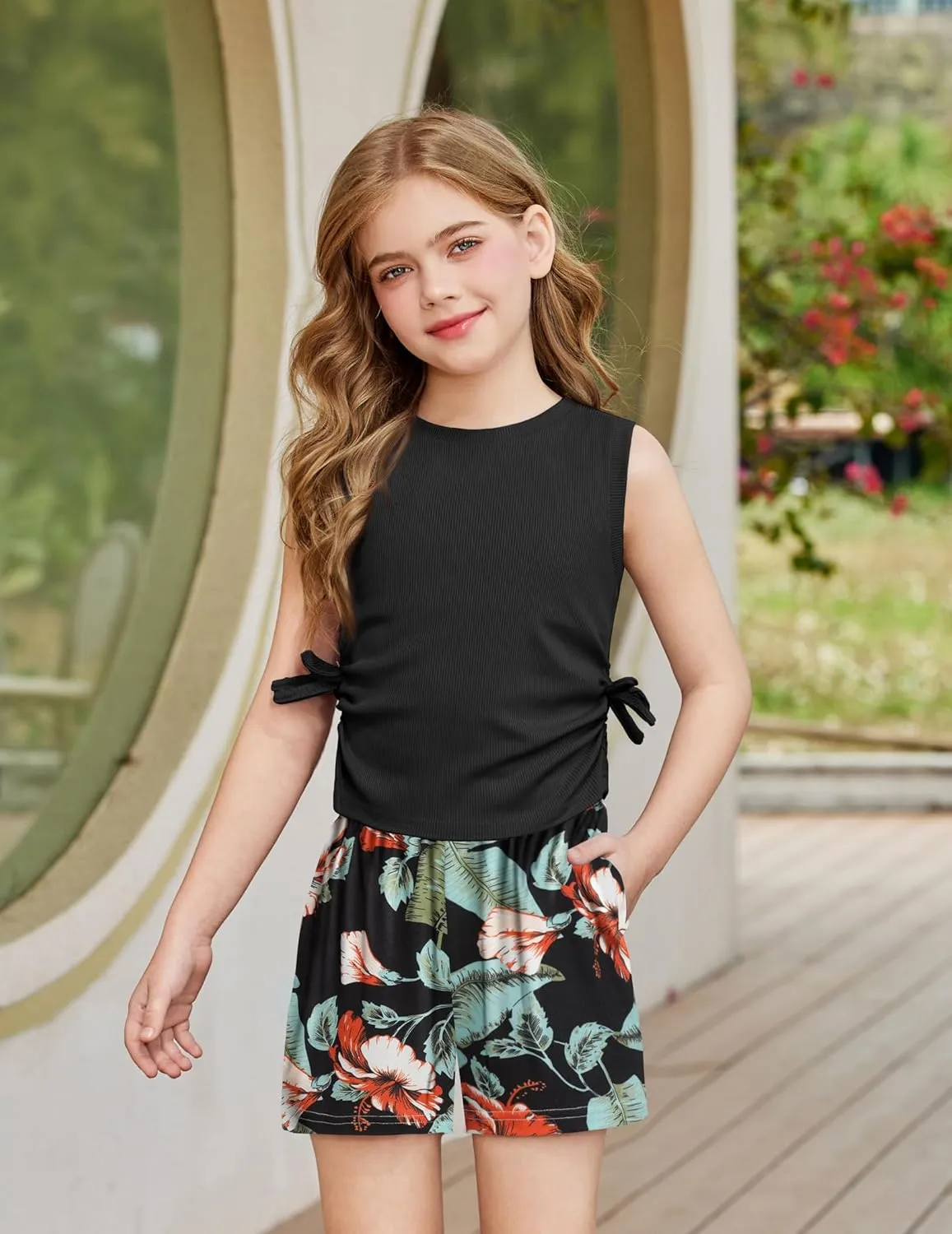 Arshiner Girls Summer Clothing Sets 2 Piece Outfits Knit Ruched Knot Side Tank Top and High Waist Shorts with Pockets