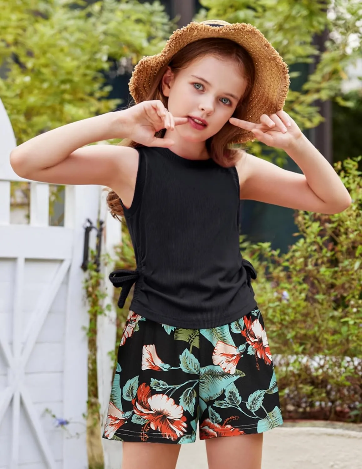 Arshiner Girls Summer Clothing Sets 2 Piece Outfits Knit Ruched Knot Side Tank Top and High Waist Shorts with Pockets