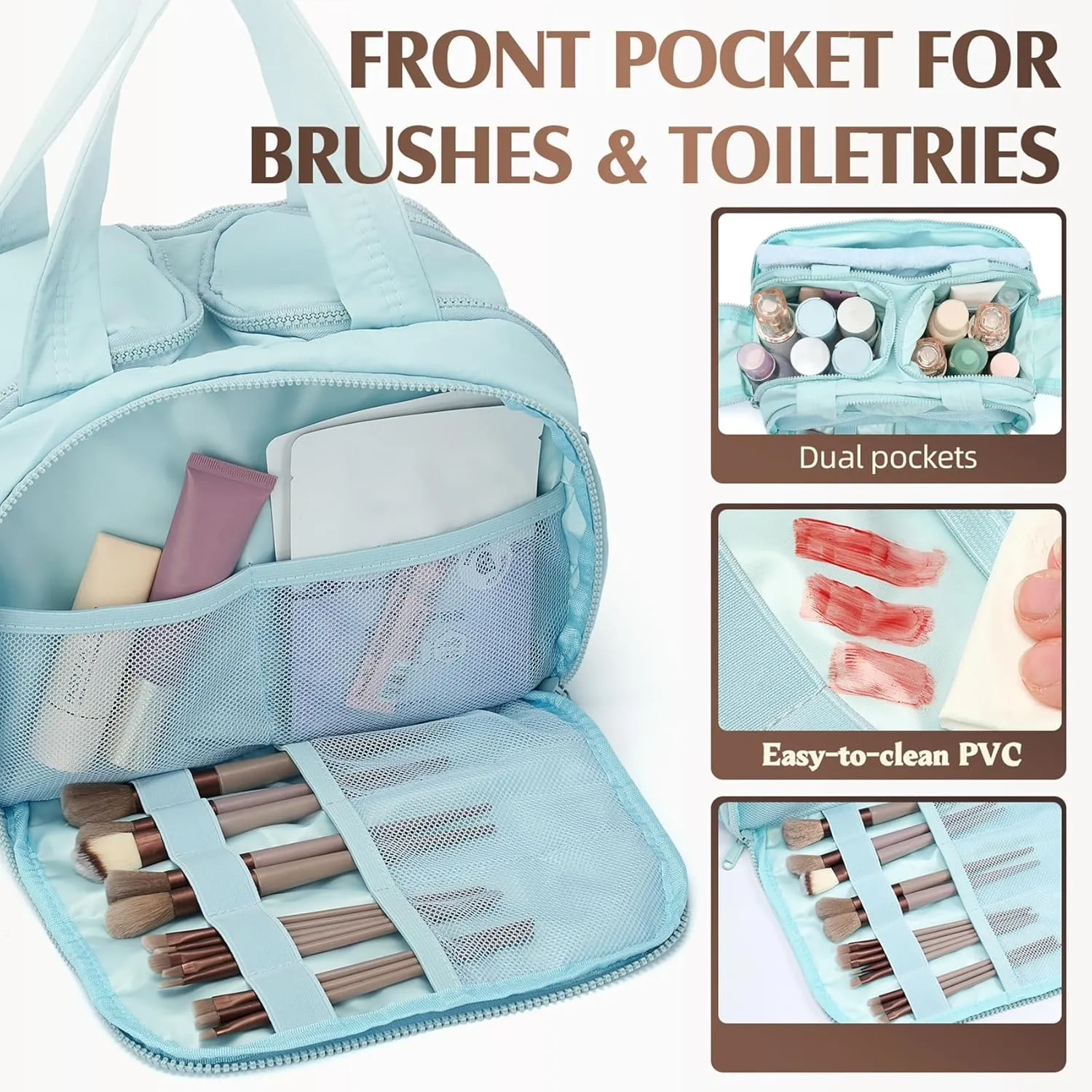 Azooken Travel Toiletry Bag for Women - Puffy Cosmetic Organizer with Wide Opening & Handle,Stylish Lightweight Essentials Bag for Makeup,Accessories & Toiletries-Blue