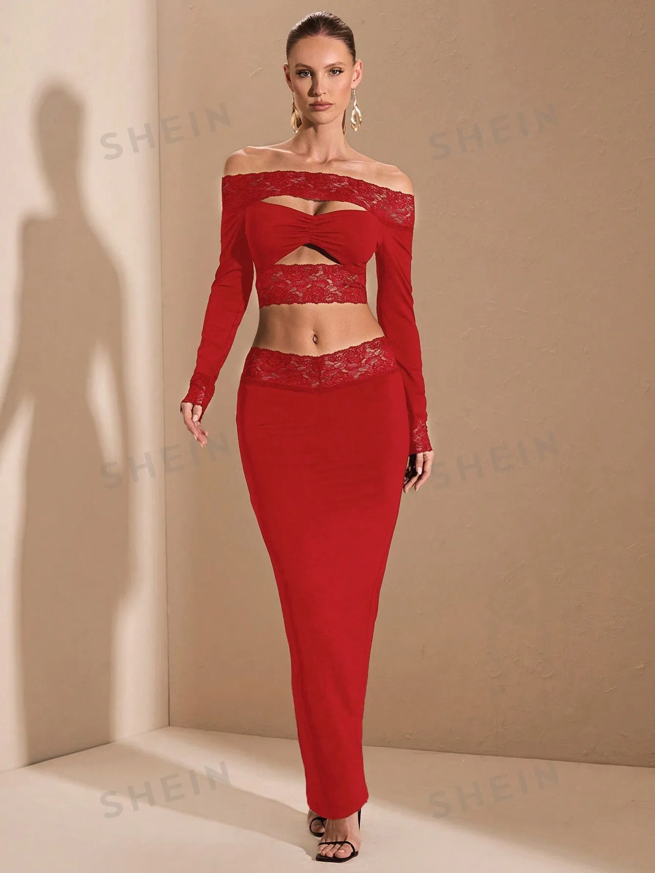 BAE Elegant Lace Trim Off Shoulder Hollow Out Crop Top And Skirt Set