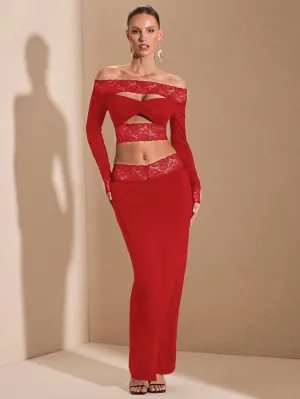 BAE Elegant Lace Trim Off Shoulder Hollow Out Crop Top And Skirt Set