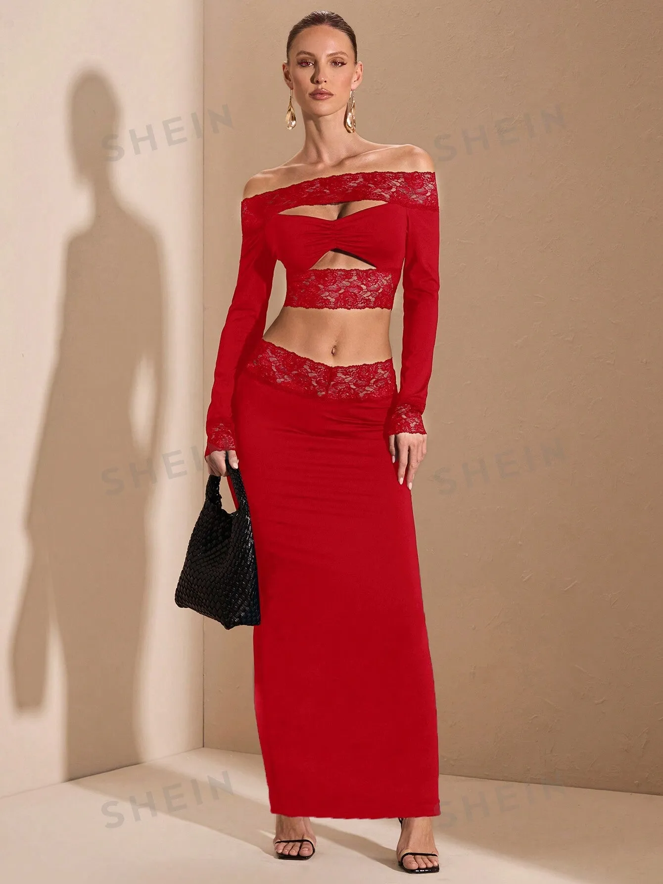 BAE Elegant Lace Trim Off Shoulder Hollow Out Crop Top And Skirt Set
