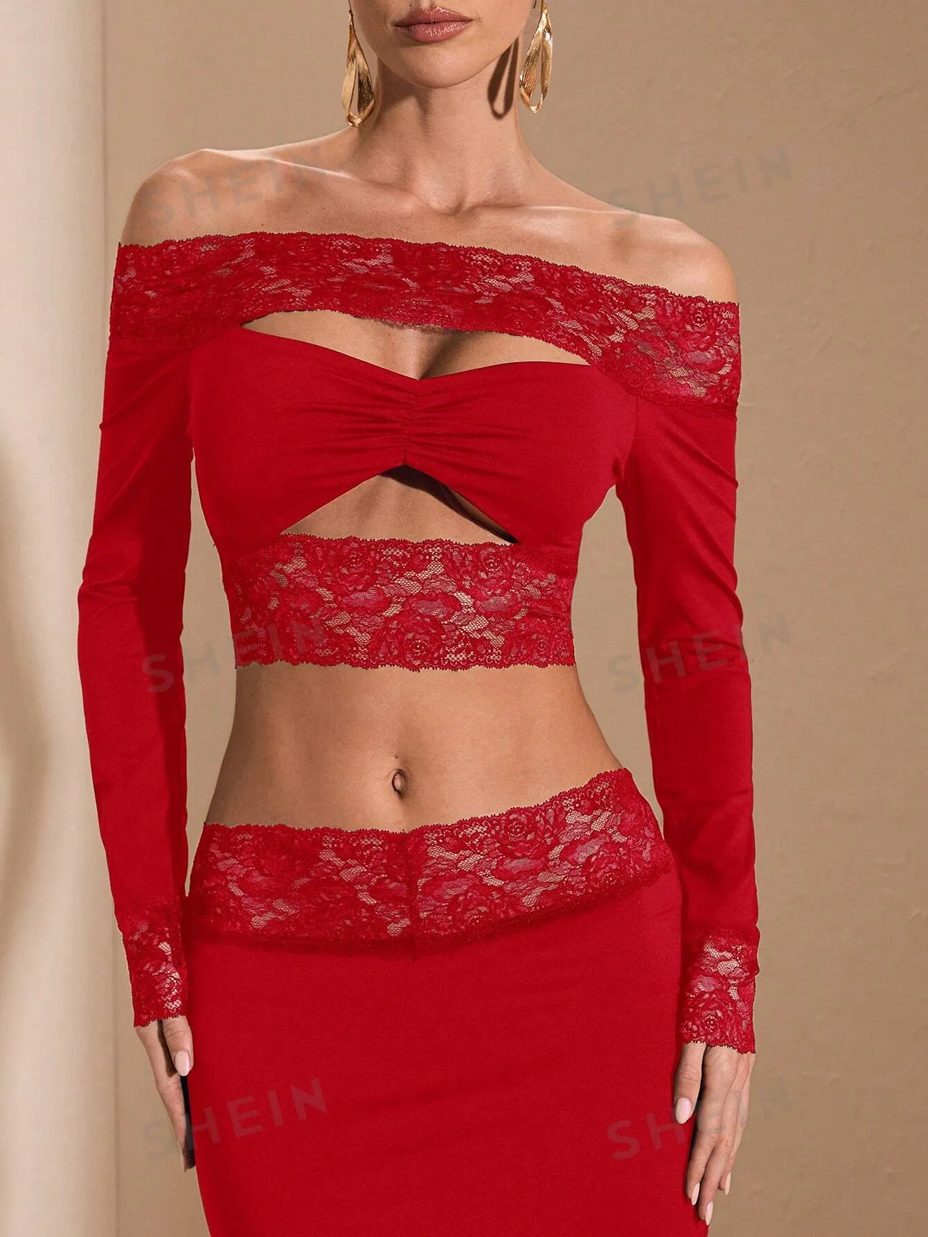 BAE Elegant Lace Trim Off Shoulder Hollow Out Crop Top And Skirt Set