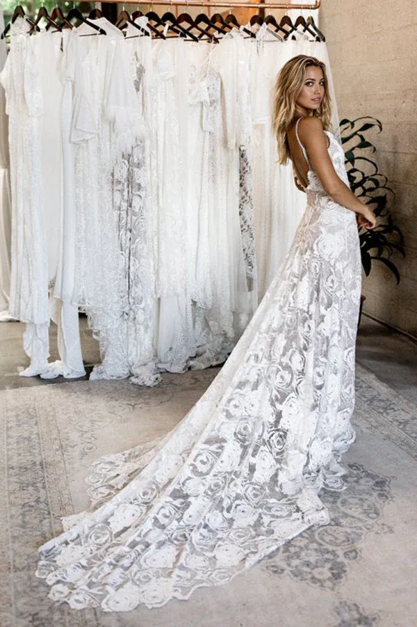 Beach Simple Elegant Spaghetti Straps Backless Long Ivory Lace Wedding Dresses