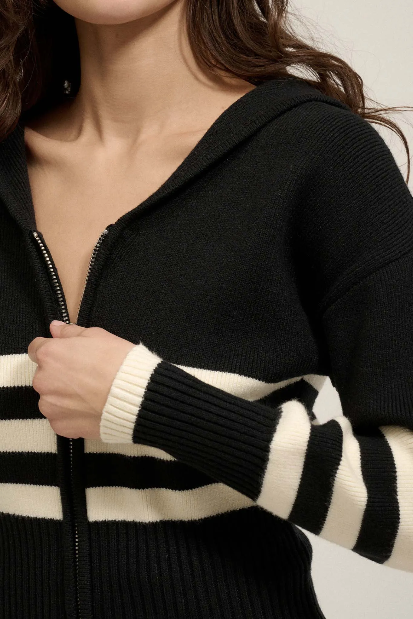 Below Deck Striped Sailor-Collar Zip-Up Cardigan