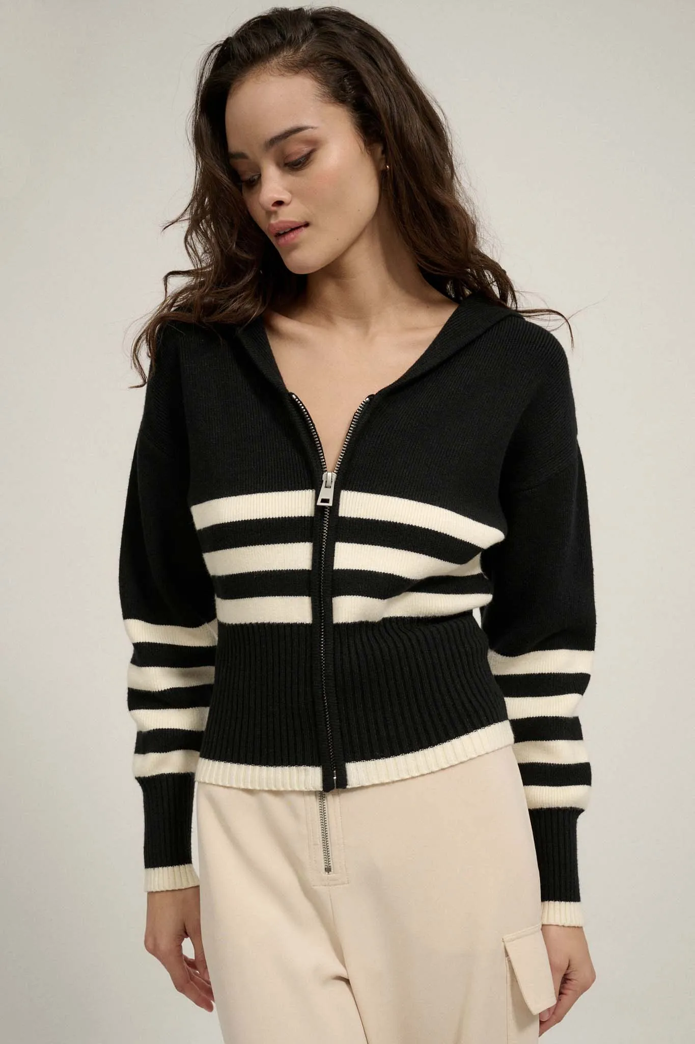 Below Deck Striped Sailor-Collar Zip-Up Cardigan