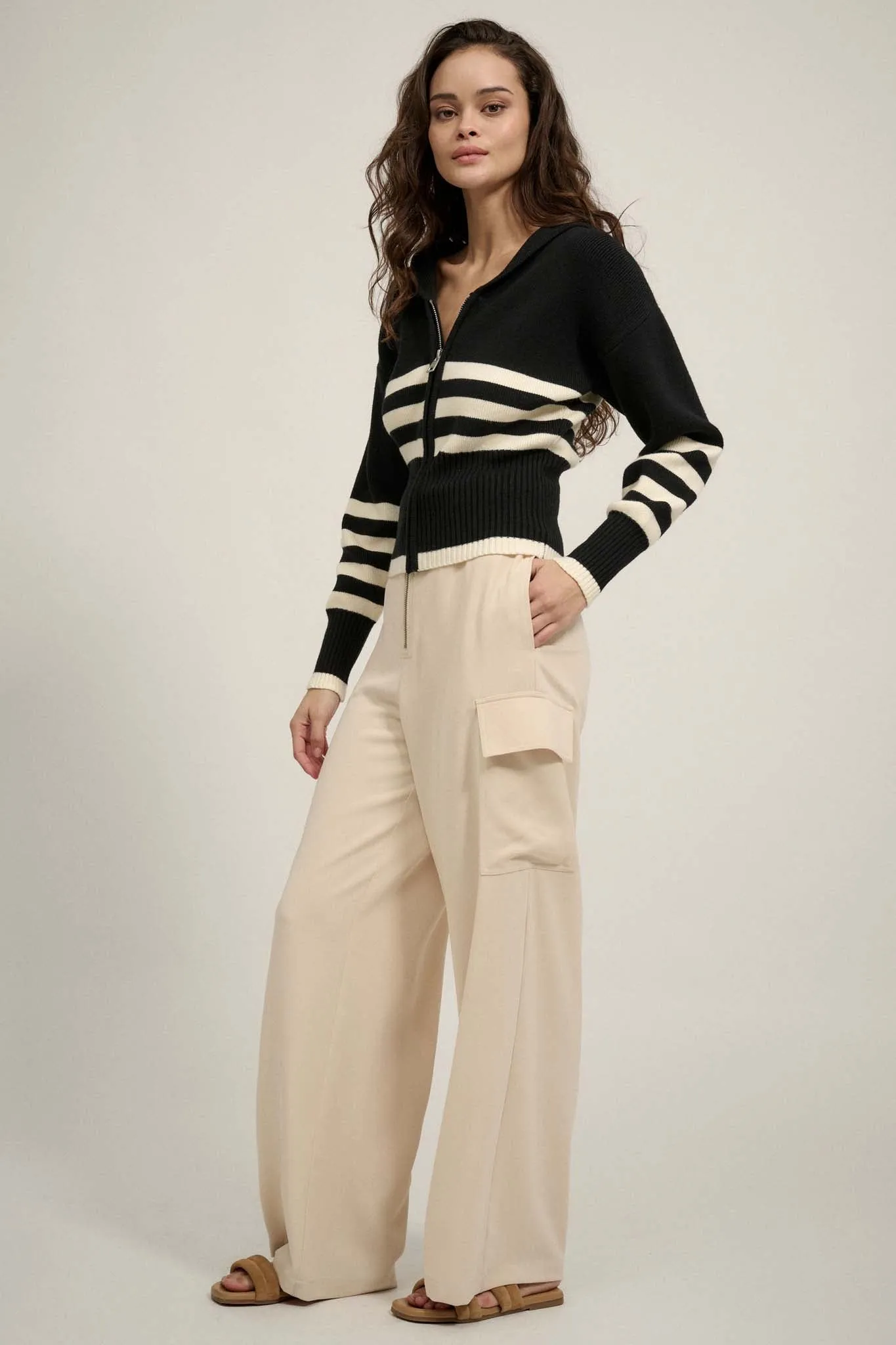 Below Deck Striped Sailor-Collar Zip-Up Cardigan