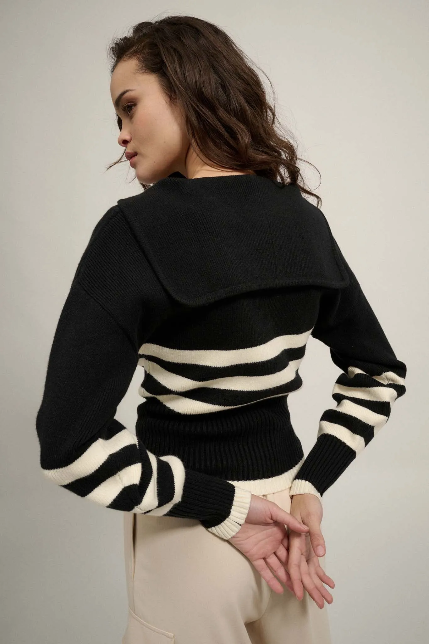 Below Deck Striped Sailor-Collar Zip-Up Cardigan