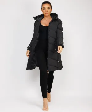 Black Long Puffer Coat With Belt And Gold Button Detail