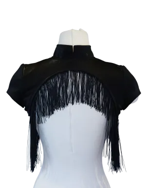 Black Short Sleeve Zip-Up Shrug with Fringe Trim