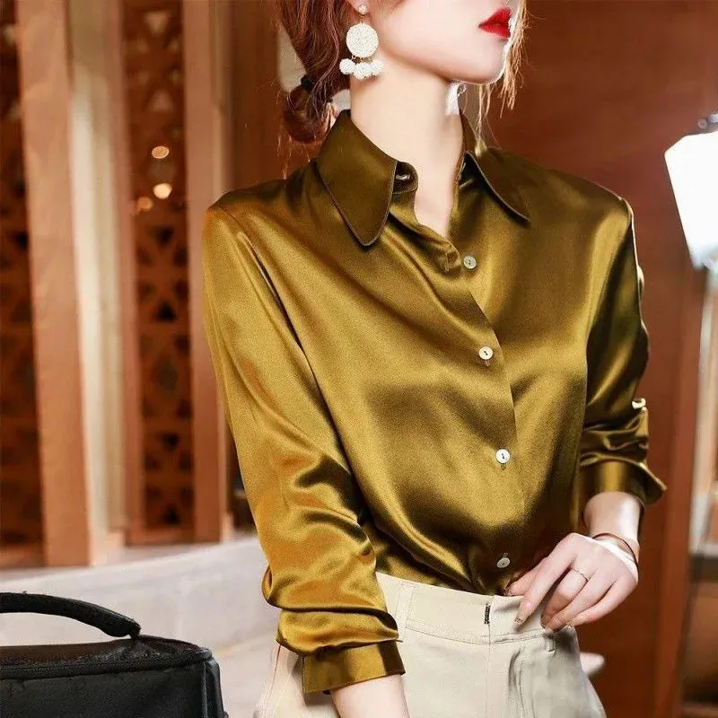 Brand Quality Luxury Women Shirt Elegant Office Button Up Long Sleeve Shirts Momi Silk Crepe Satin Blouses Business Ladies Top