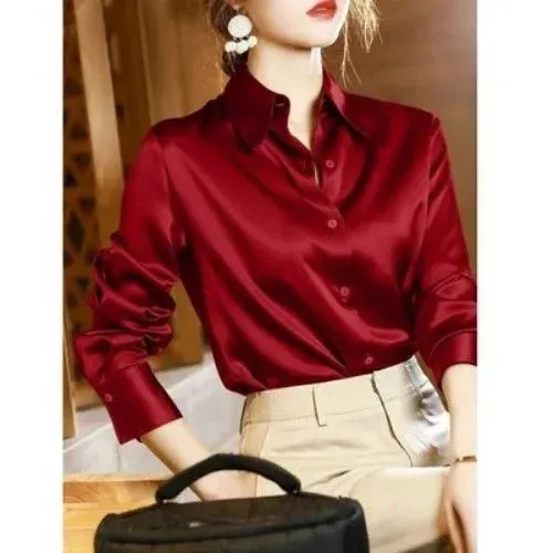 Brand Quality Luxury Women Shirt Elegant Office Button Up Long Sleeve Shirts Momi Silk Crepe Satin Blouses Business Ladies Top