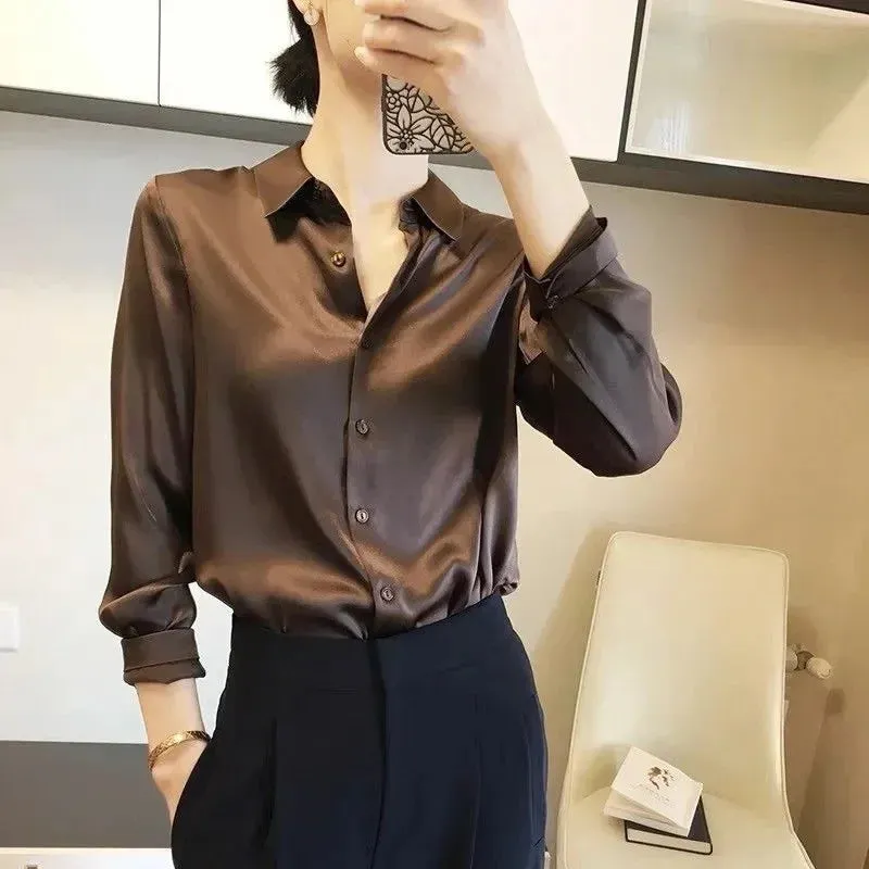 Brand Quality Luxury Women Shirt Elegant Office Button Up Long Sleeve Shirts Momi Silk Crepe Satin Blouses Business Ladies Top
