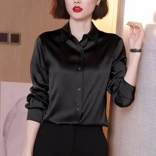 Brand Quality Luxury Women Shirt Elegant Office Button Up Long Sleeve Shirts Momi Silk Crepe Satin Blouses Business Ladies Top