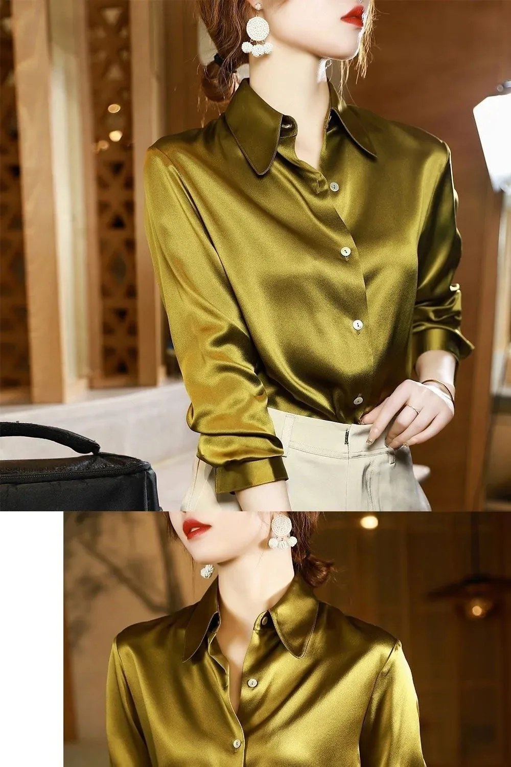 Brand Quality Luxury Women Shirt Elegant Office Button Up Long Sleeve Shirts Momi Silk Crepe Satin Blouses Business Ladies Top