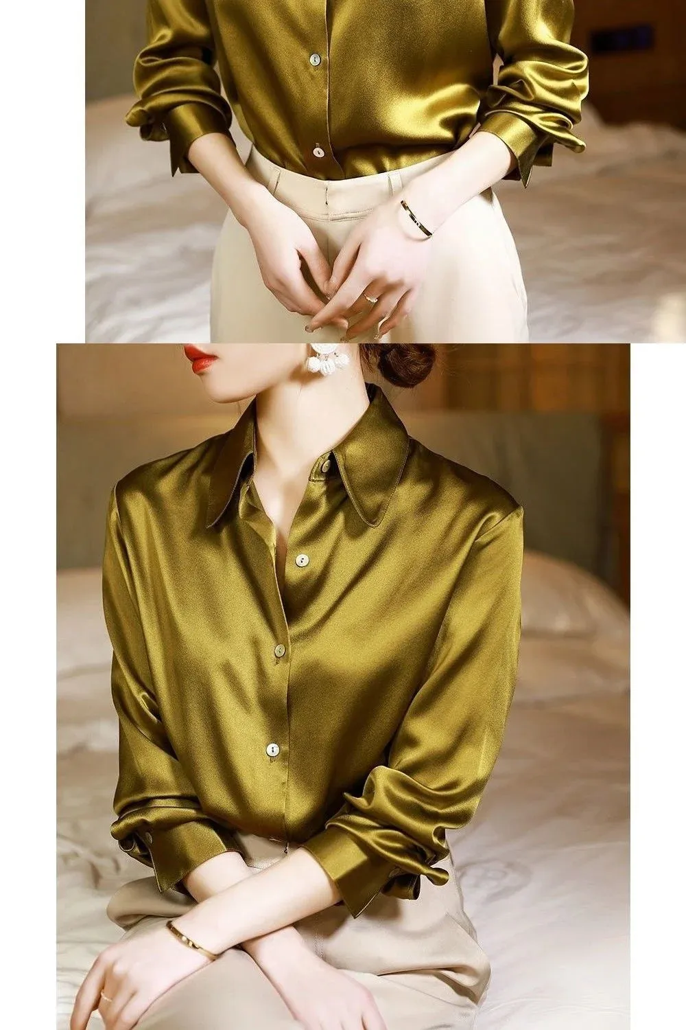 Brand Quality Luxury Women Shirt Elegant Office Button Up Long Sleeve Shirts Momi Silk Crepe Satin Blouses Business Ladies Top