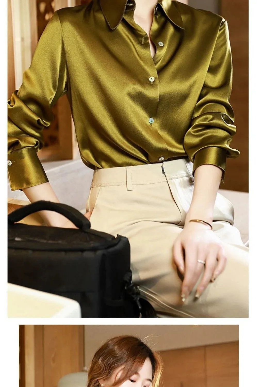 Brand Quality Luxury Women Shirt Elegant Office Button Up Long Sleeve Shirts Momi Silk Crepe Satin Blouses Business Ladies Top