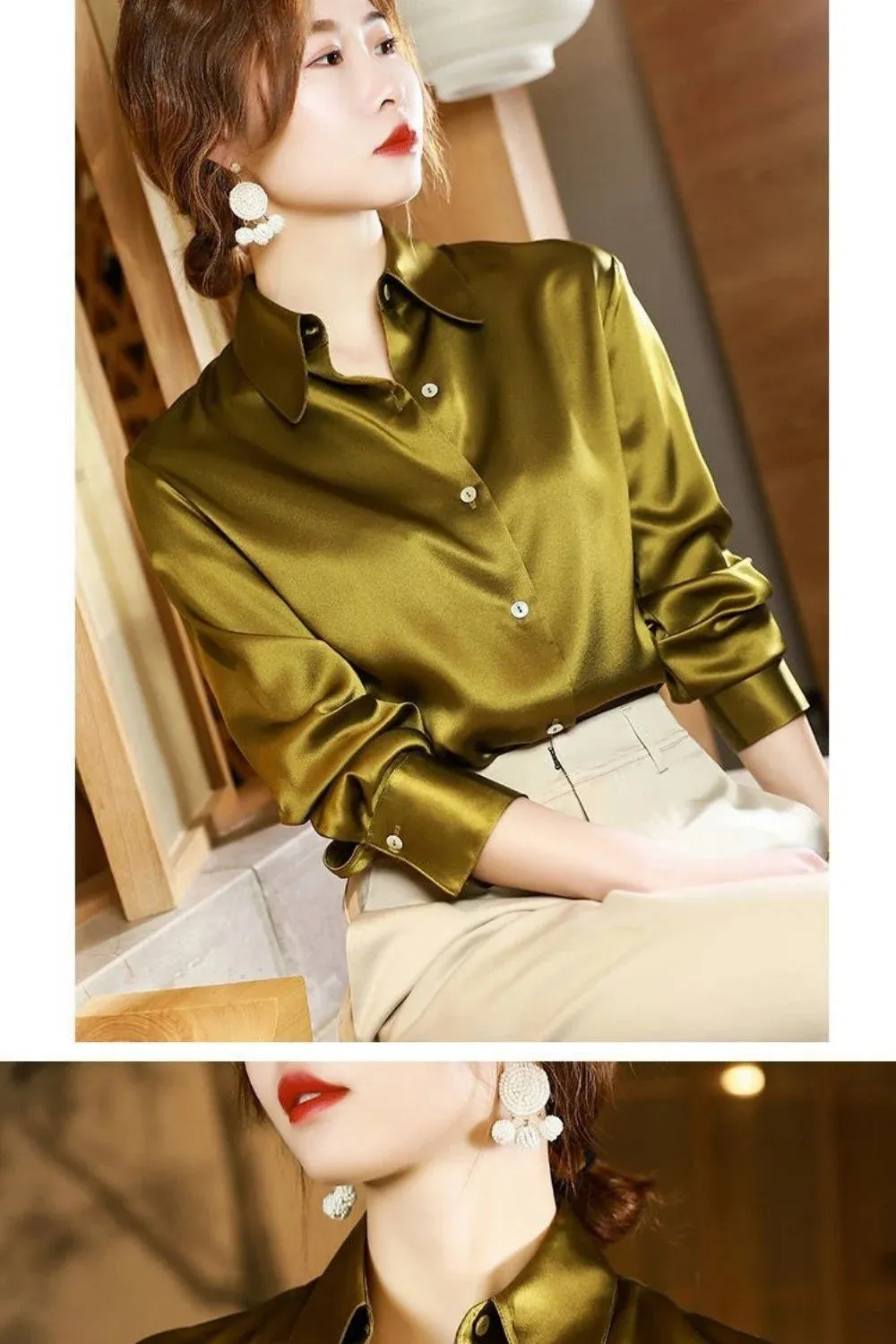 Brand Quality Luxury Women Shirt Elegant Office Button Up Long Sleeve Shirts Momi Silk Crepe Satin Blouses Business Ladies Top