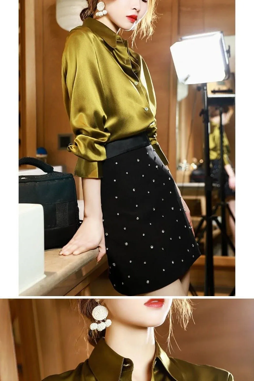 Brand Quality Luxury Women Shirt Elegant Office Button Up Long Sleeve Shirts Momi Silk Crepe Satin Blouses Business Ladies Top