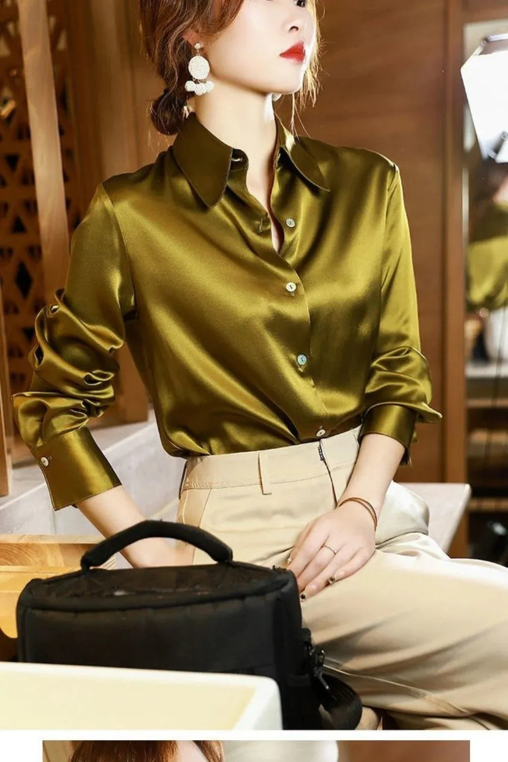 Brand Quality Luxury Women Shirt Elegant Office Button Up Long Sleeve Shirts Momi Silk Crepe Satin Blouses Business Ladies Top