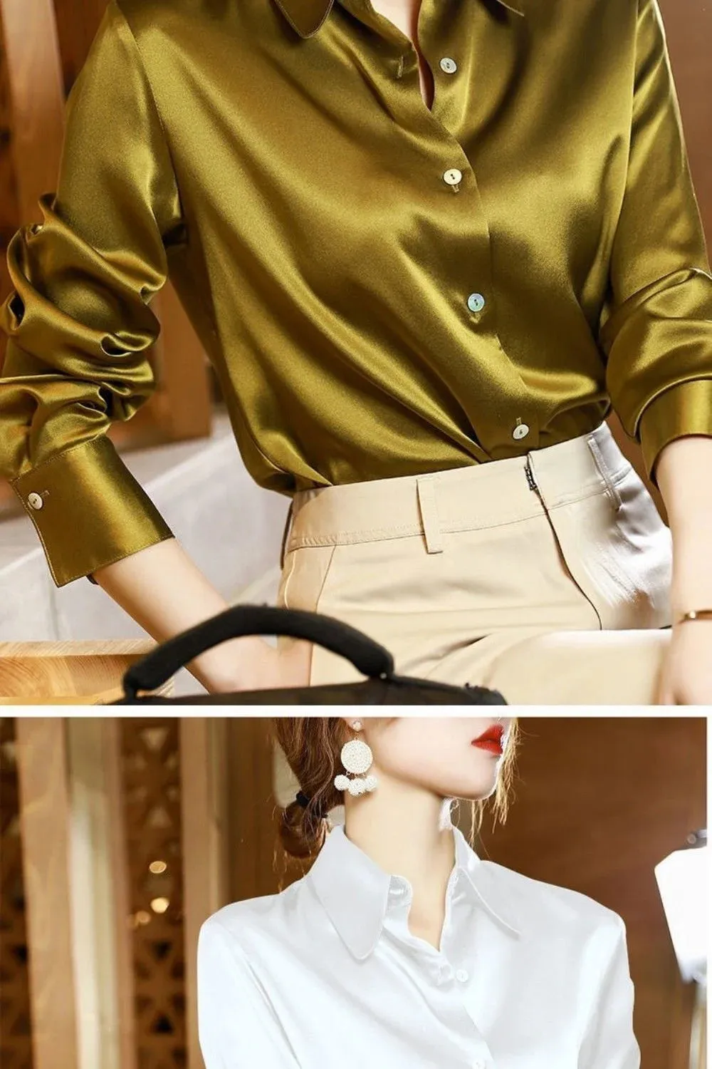 Brand Quality Luxury Women Shirt Elegant Office Button Up Long Sleeve Shirts Momi Silk Crepe Satin Blouses Business Ladies Top