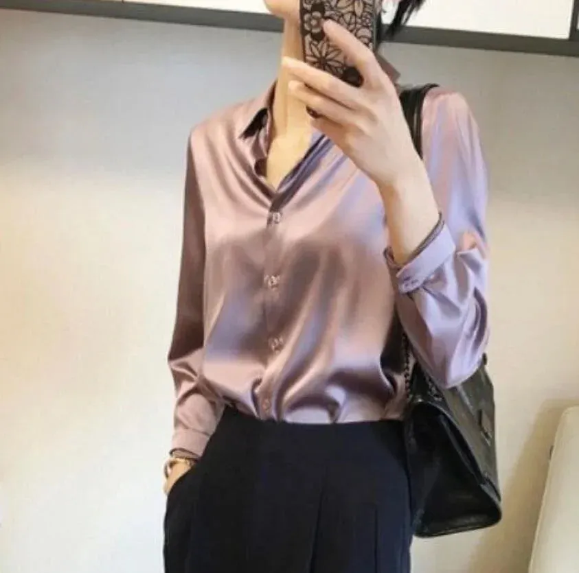 Brand Quality Luxury Women Shirt Elegant Office Button Up Long Sleeve Shirts Momi Silk Crepe Satin Blouses Business Ladies Top