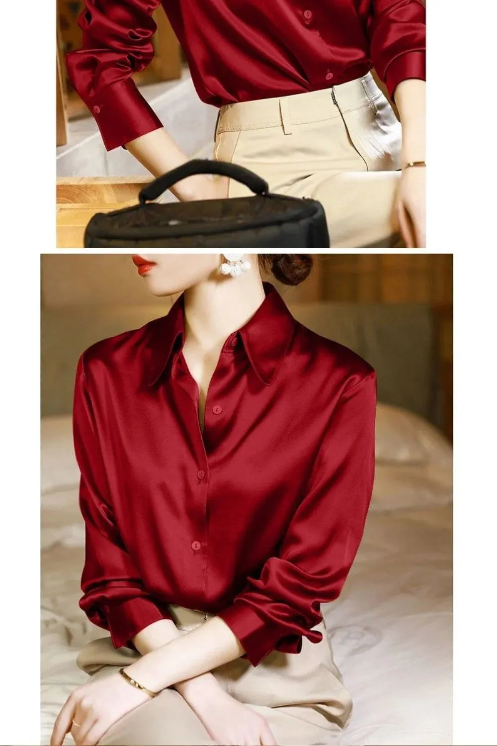 Brand Quality Luxury Women Shirt Elegant Office Button Up Long Sleeve Shirts Momi Silk Crepe Satin Blouses Business Ladies Top