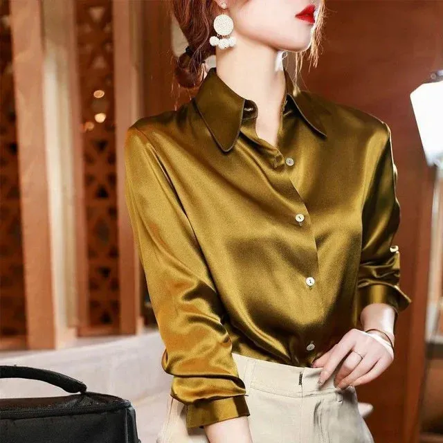 Brand Quality Luxury Women Shirt Elegant Office Button Up Long Sleeve Shirts Momi Silk Crepe Satin Blouses Business Ladies Top