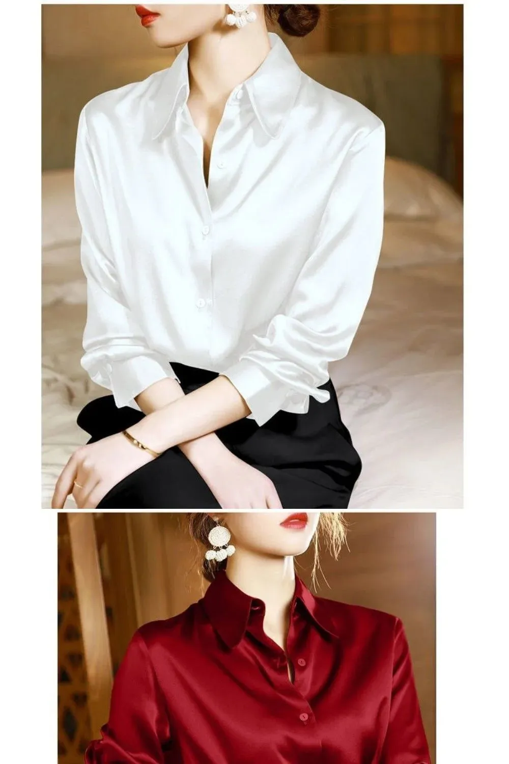 Brand Quality Luxury Women Shirt Elegant Office Button Up Long Sleeve Shirts Momi Silk Crepe Satin Blouses Business Ladies Top